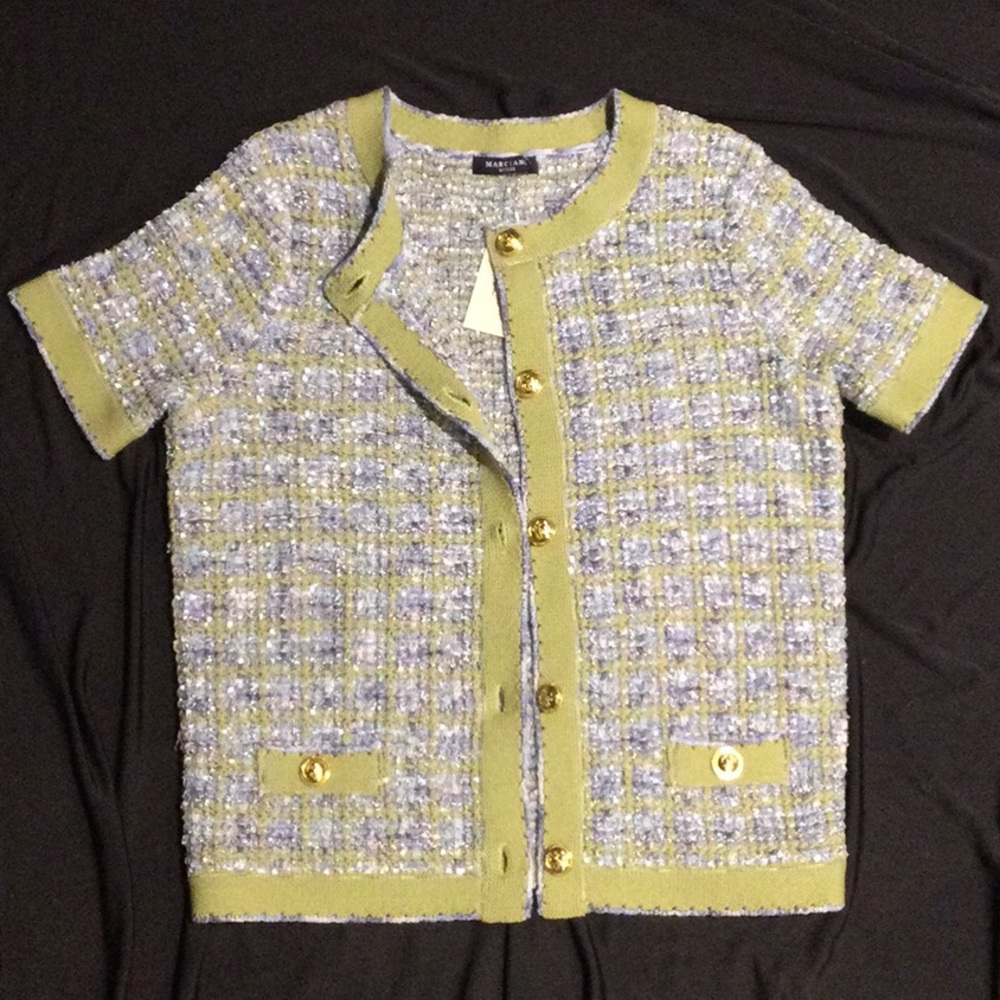 New Guess Marciano Logo Button Cardigan Blouse Tweed Green Collarless S